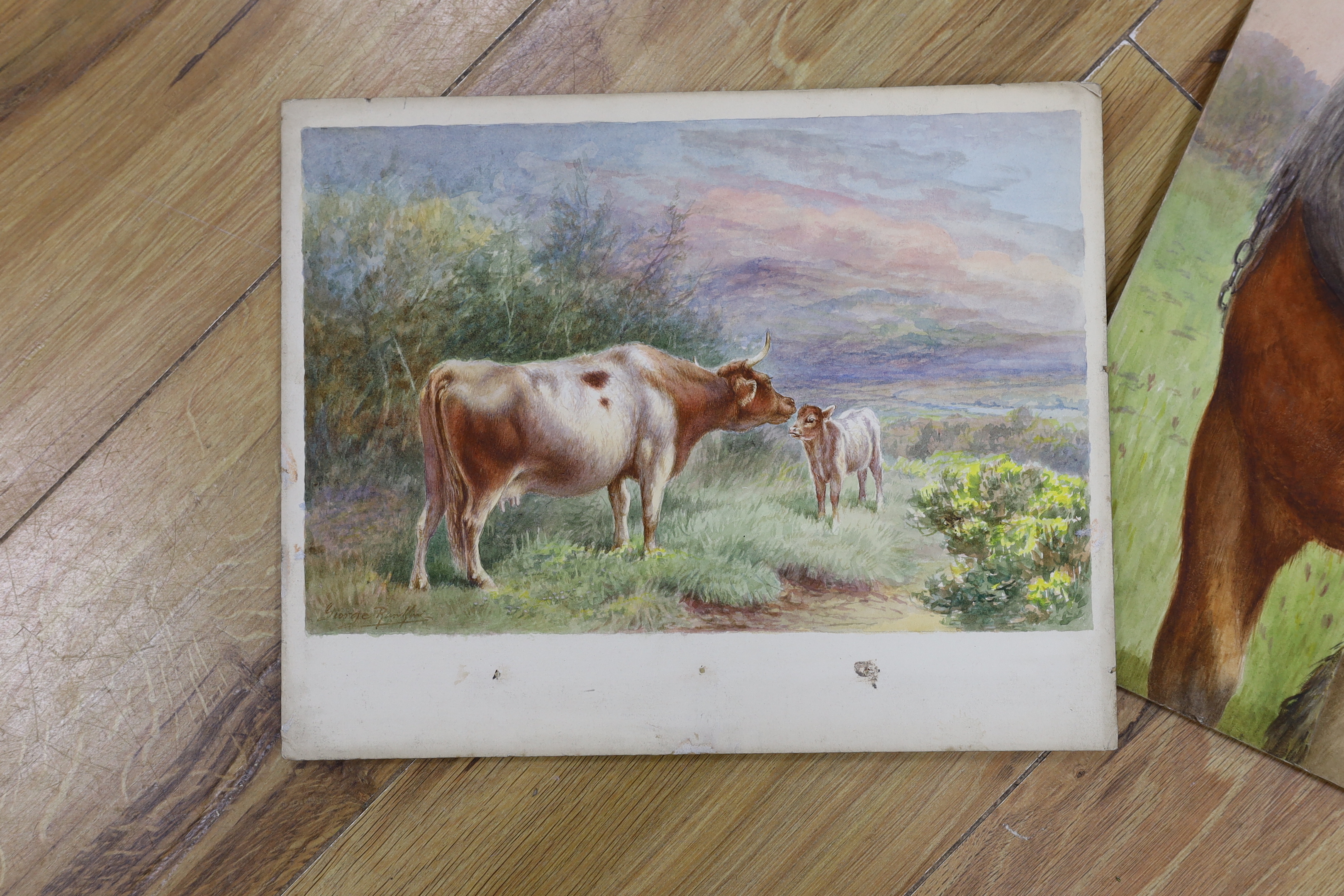 George James Rankin (1864-1937), three watercolours, Ploughman & cart horse, study of a bay horse and cow with calf, each signed, largest 47 x 29cm, unframed